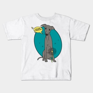 Funny greyhound design; Grey Italian greyhound with a dandelion flower Kids T-Shirt